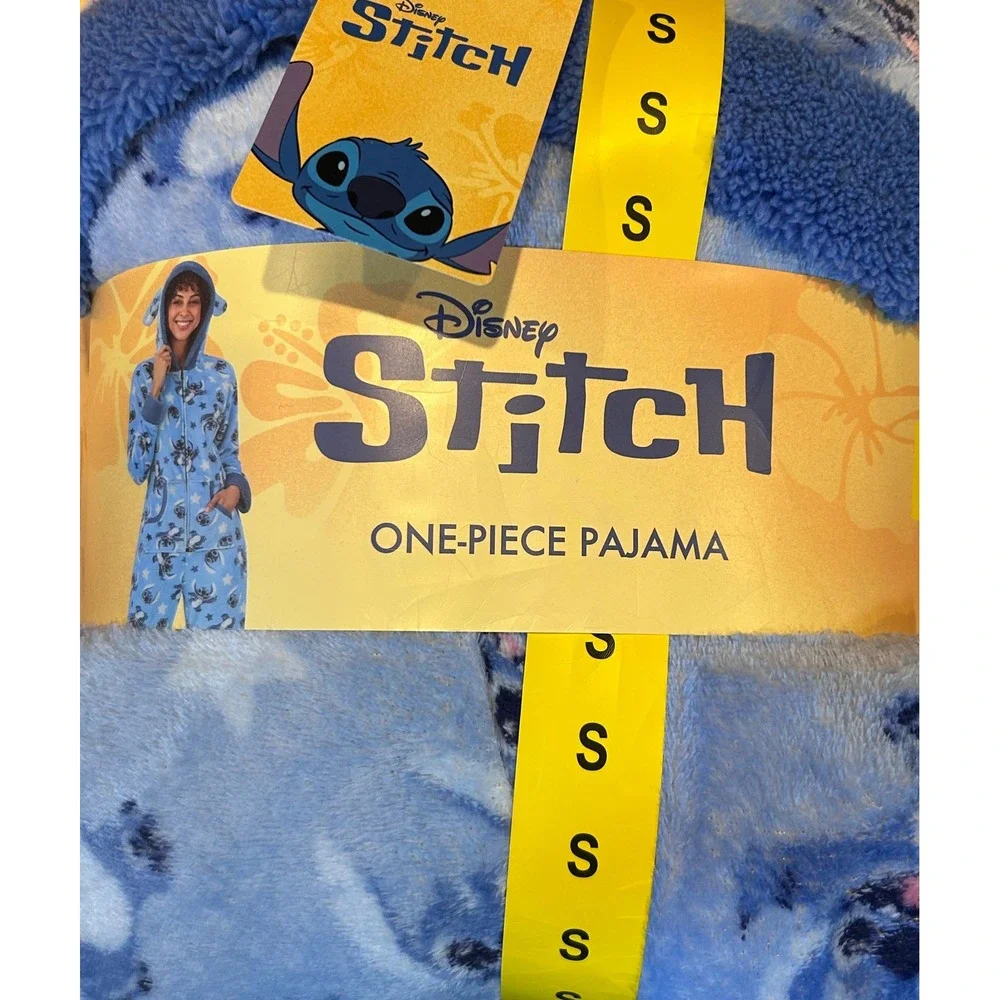 NWT Disney Stitch Womens One Piece Pajama Suit Blue Hooded Fleece Small Ohana - Picture 2 of 5